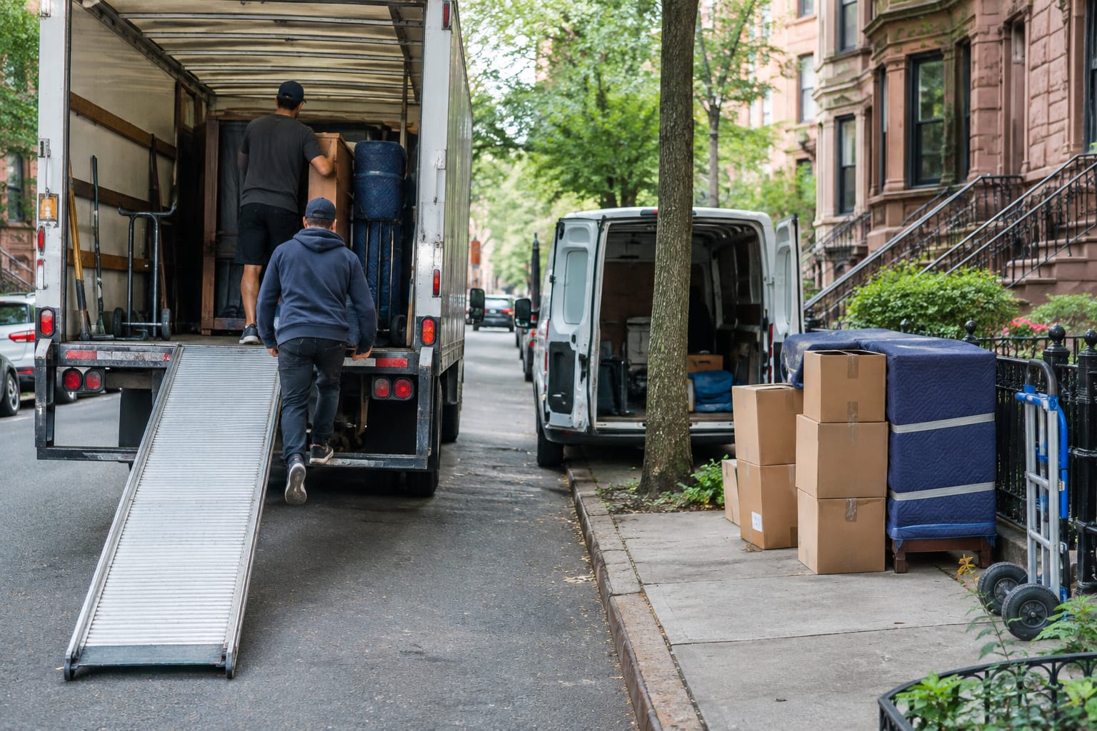Two movers carrying a blanket-wrapped dresser down brownstone steps toward a moving truck parked at the curb