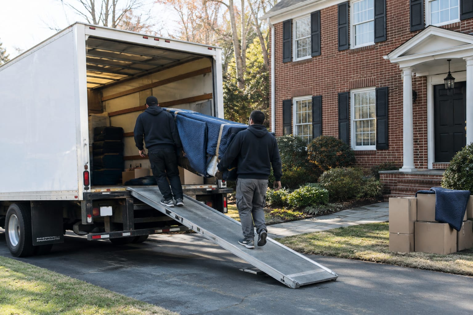 Two movers carrying a blanket-wrapped dresser from a colonial-style house to a parked moving truck in autumn