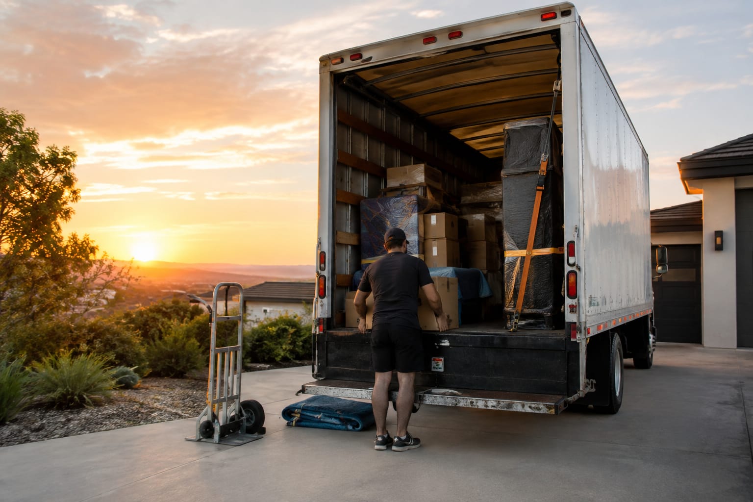 moving company truck — Two movers carrying a blanket-wrapped dresser up the ramp of a box truck parked on a brick-lined resid