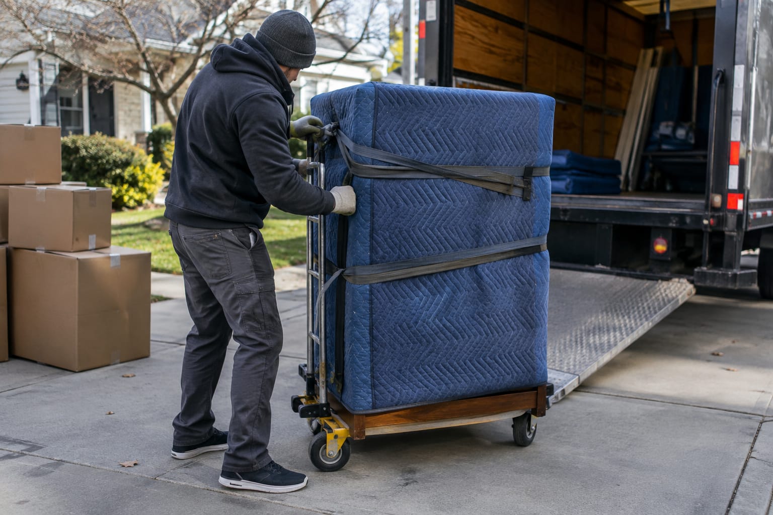 Two movers carrying a quilted sofa through a protected doorway and down brick steps, a hand truck on the walkway