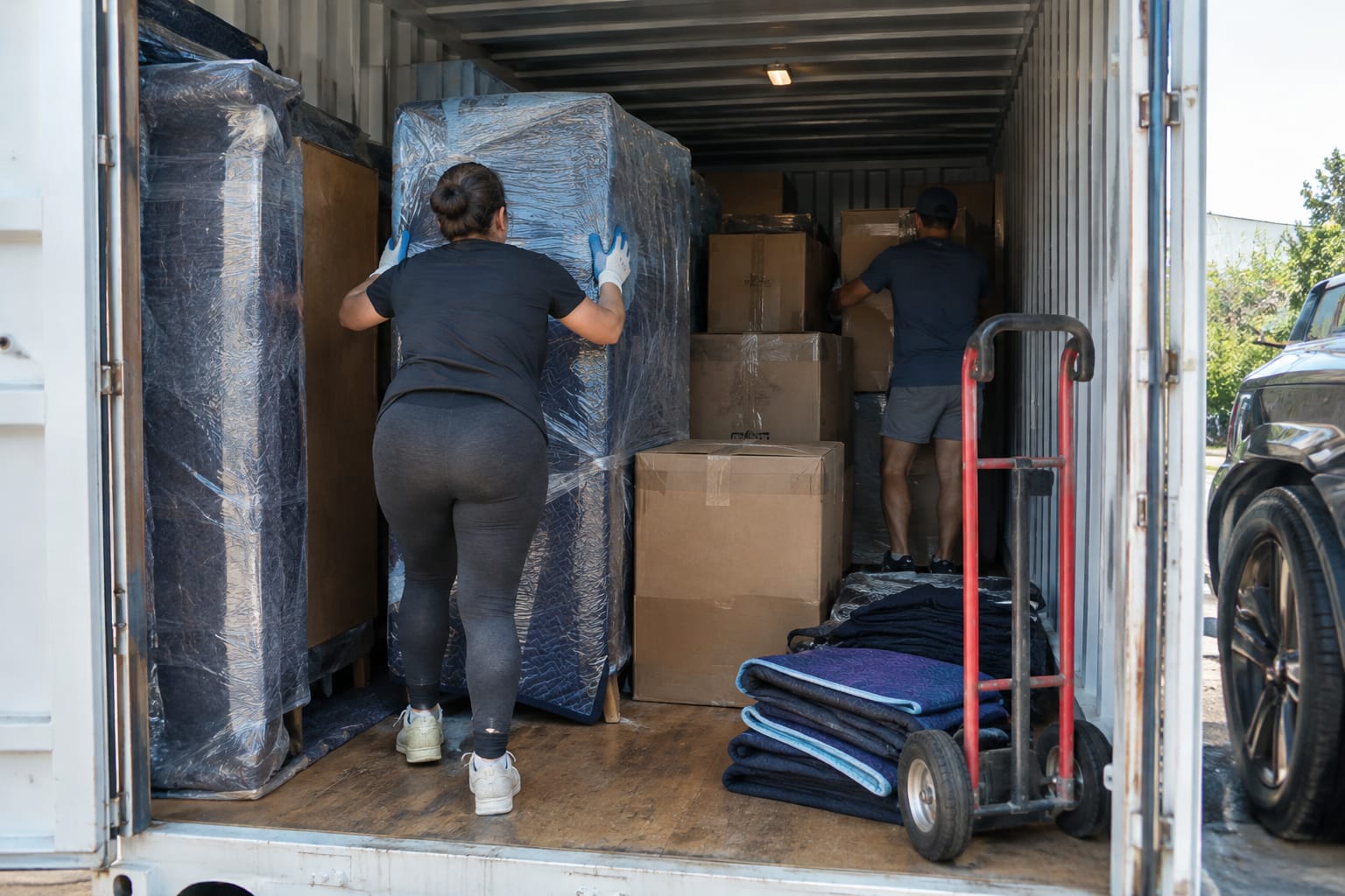 Two movers lifting a shrink-wrapped mattress into a container with ratchet straps anchored on the inside walls