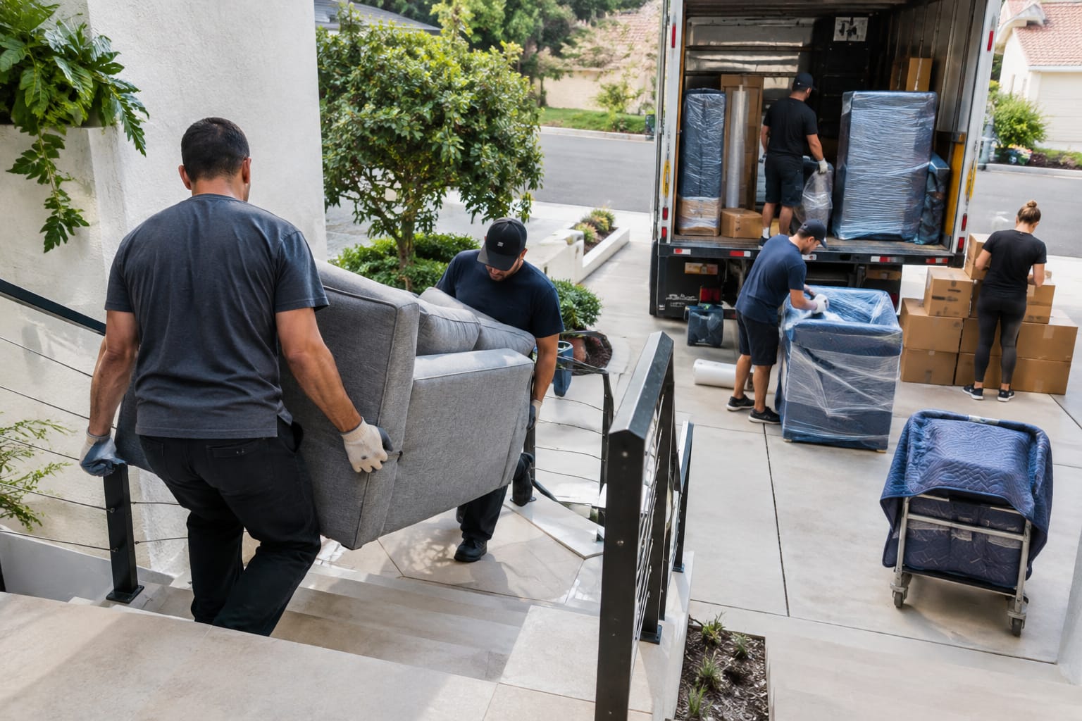 Two movers loading boxes into a rented truck as the customer checks items off a clipboard