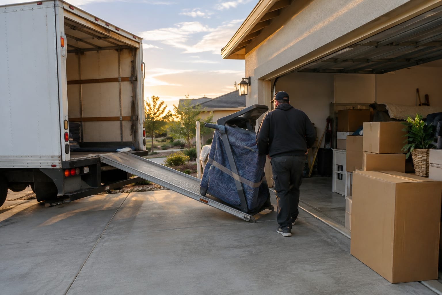 fitness equipment moving companies — Two movers rolling a blanket-wrapped folding treadmill on a dolly across a hallway cover