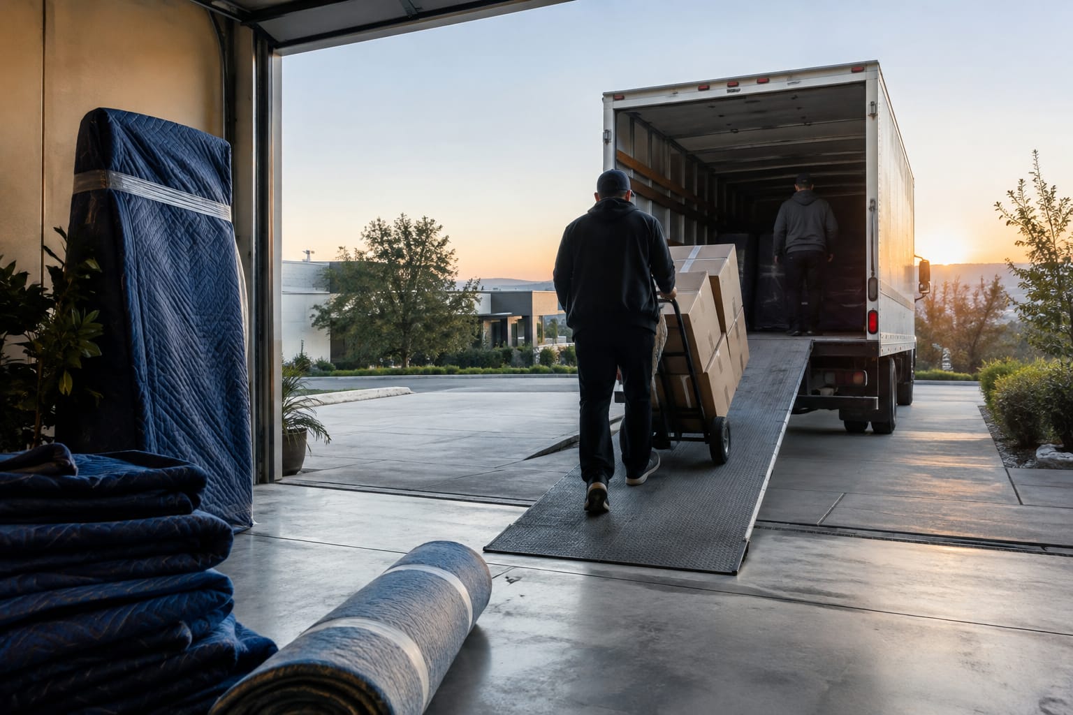Two movers rolling up a floor runner while a homeowner signs paperwork on a clipboard near stacked boxes