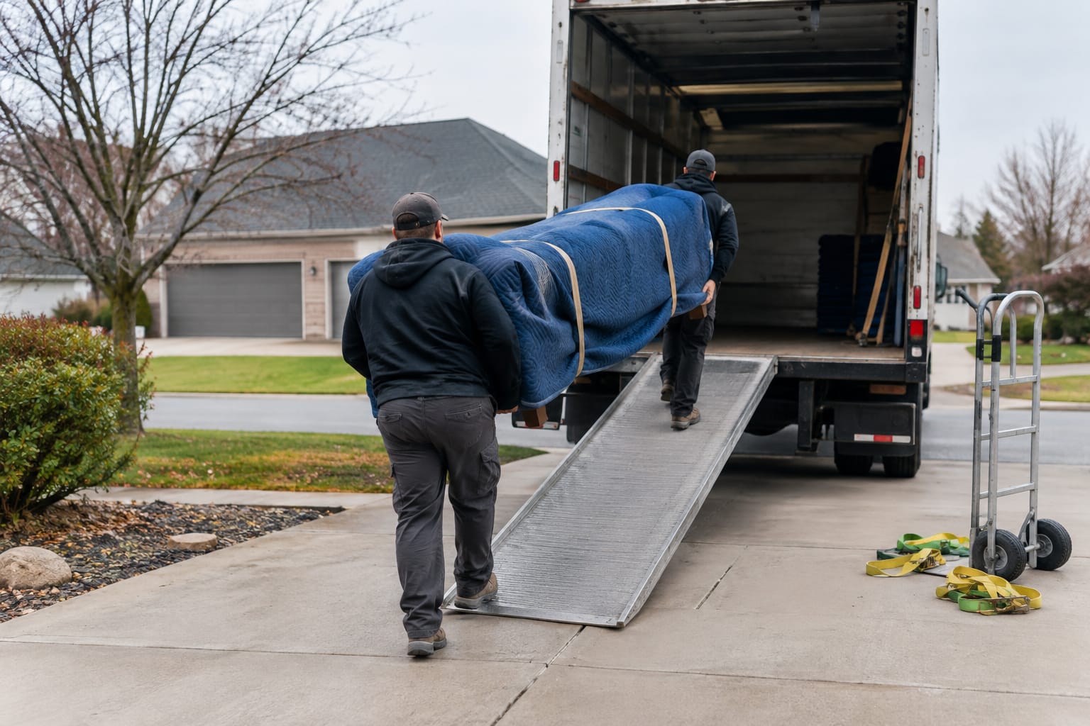 Two movers stacking boxes and a strapped mattress inside a portable container in a suburban driveway