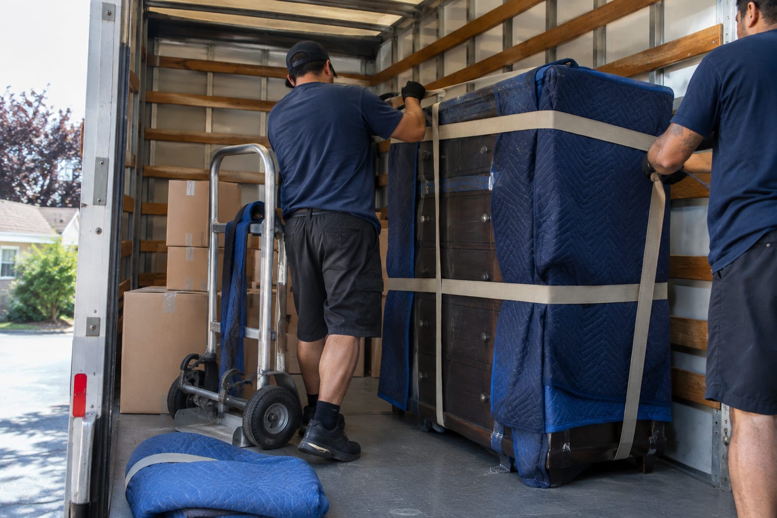 Two movers strapping blanket-wrapped furniture inside a rental truck with the ramp in front