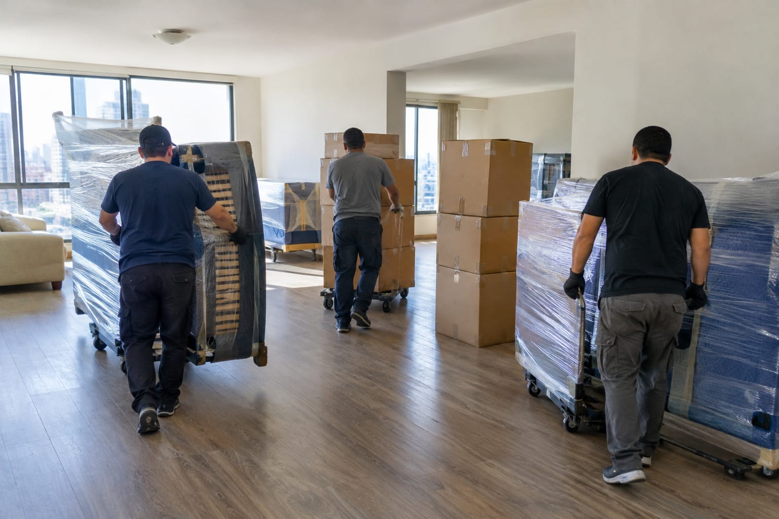Two movers wheeling a hand truck of labeled boxes into a padded freight elevator over hallway floor runners