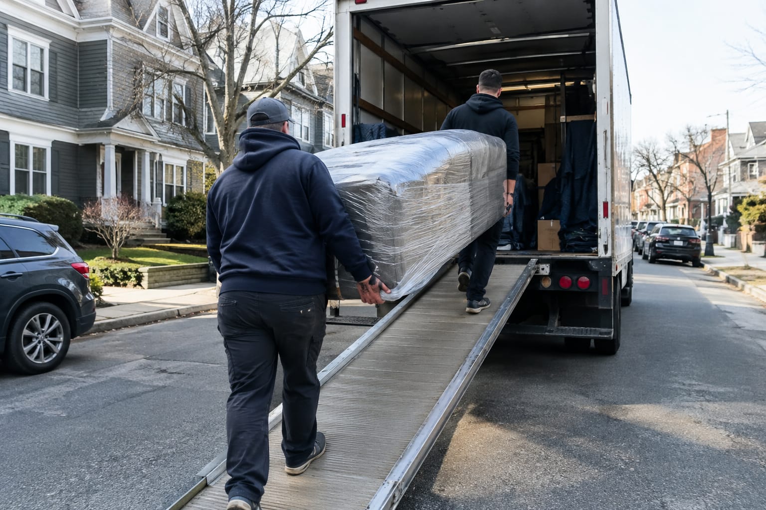 labor only movers — Two movers wheeling a padded dresser up the ramp of a rented box truck parked in a driveway